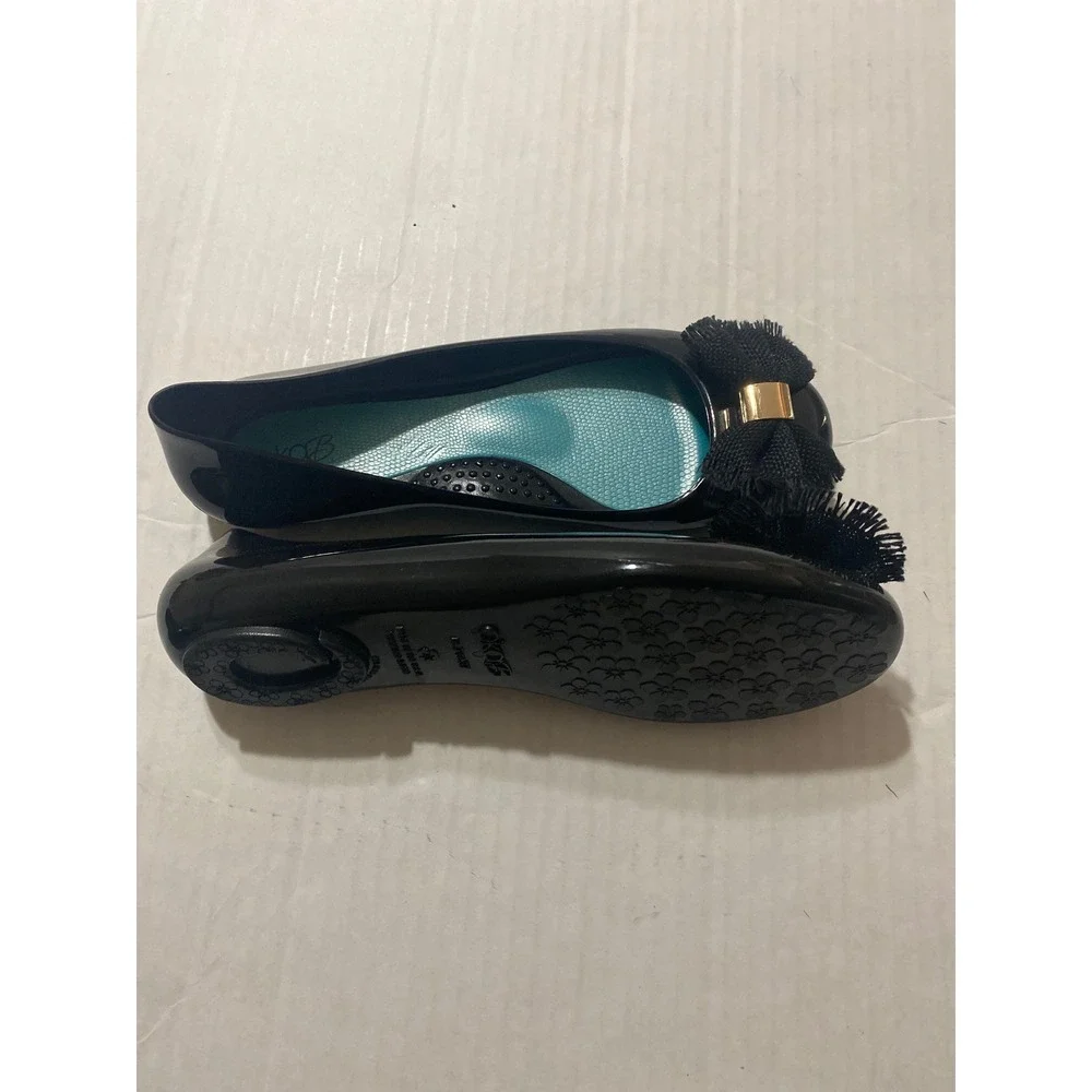 Oka-B Black Jelly Ballet Flats Fringe Bow Waterproof Slip On Women's Size 7